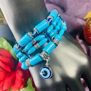 One-Of-A-Kind Evil Eye Charm, Magnesite, Glass, Acrylic & Pewter Bracelet Set